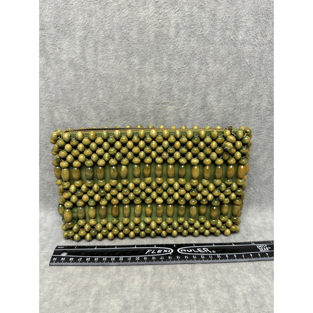 Walborg Beaded Clutch Womens Small Green Excellent Vintage Wood Bead Made Japan